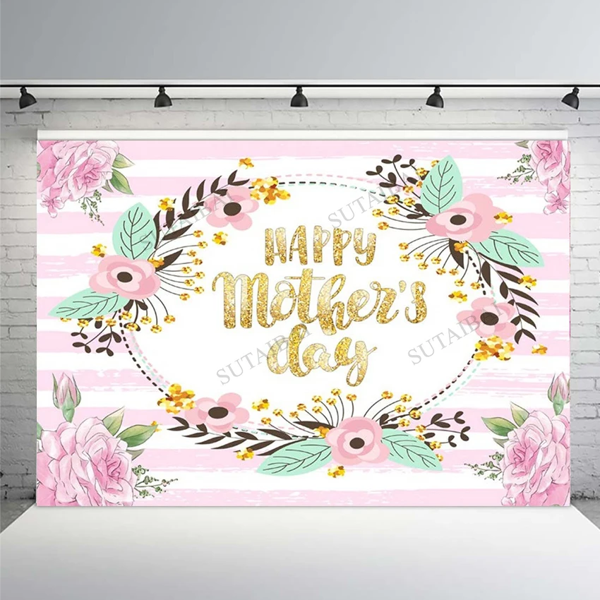 

Happy Mother's Day Backdrops Pink Flowers Decorations Love Mother Mom Party Banner Vinyl Background Photography Photo Studio