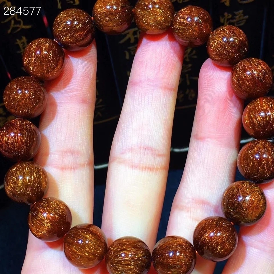 

Genuine Natural Copper Rutilated Quartz Cat Eye Bracelet 11.8mm Crystal Round Beads Women Man Copper Rutilated AAAAAA
