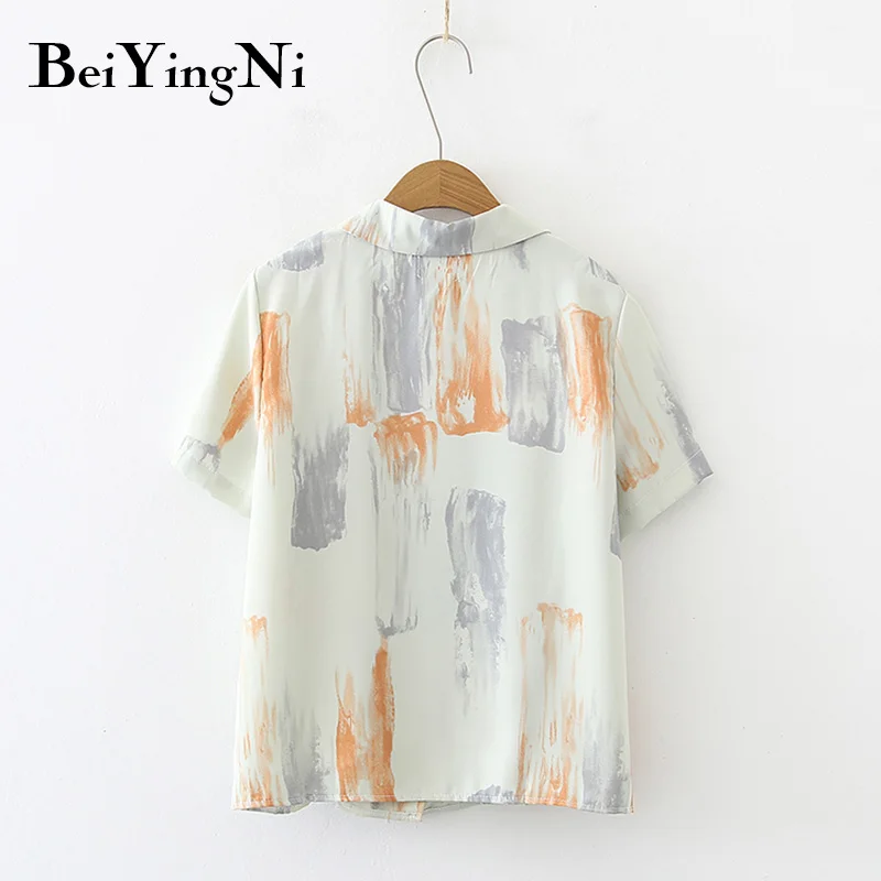 

Beiyingni Spell Color Loose Blouses Female Tops 2021 Summer Short Sleeve Casual Shirts Printed Vintage College Streetwear Blusas