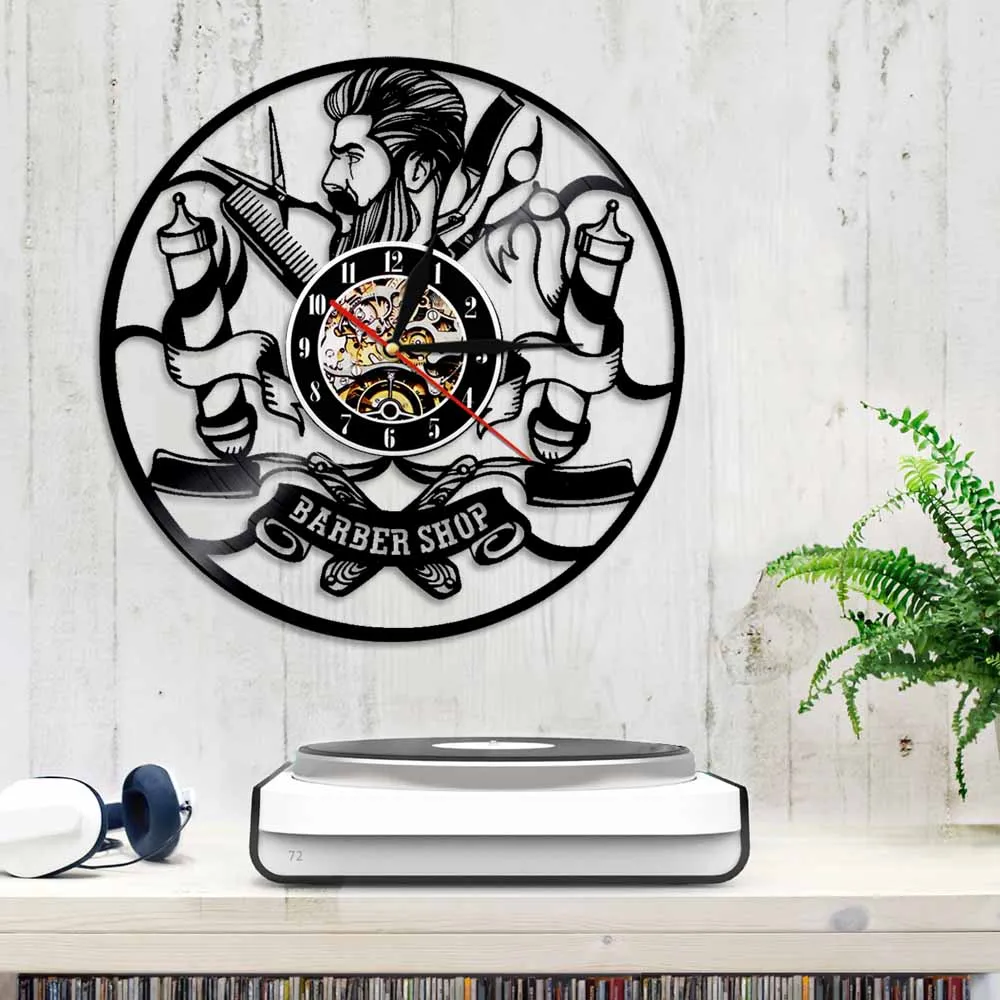 Парикмахер силуэт барбершоп салон виниловые часы записи ручной работы настенные