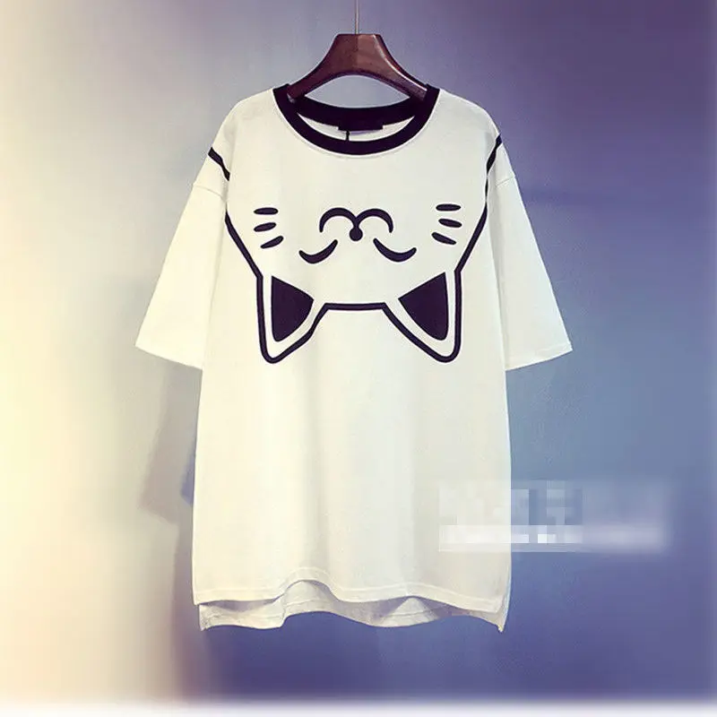 

T-shirt Girls Kawaii Cat Pattern Printed Short Sleeve 2021 Summer White All-Match Mid-Length Loose Top Women Shirts