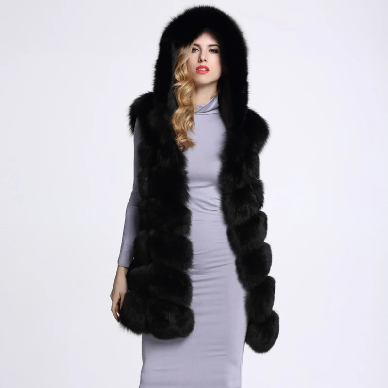HJQJLJLS 2021 New Winter Women Long Elegant Faux Fur Vest Hooded Female Thick Warm Fluffy Sleeveless Artificial Fur Coat Jacket