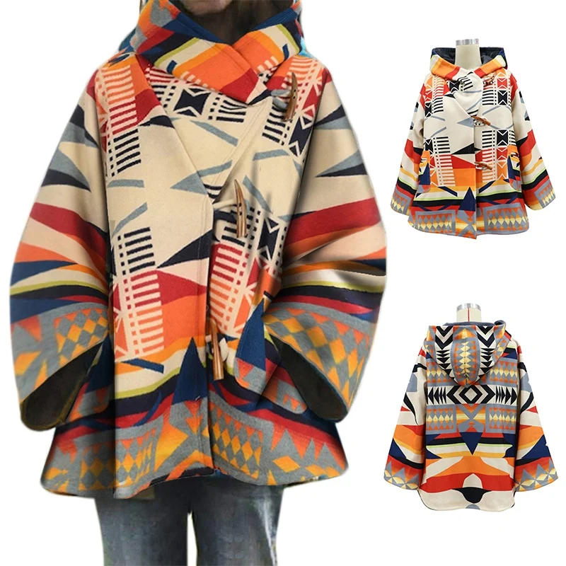 

Kili Women Wool Coat Printed Hooded Woolen Coat Women Long Sleeve Loose Overcoat Women Coats and Jackets