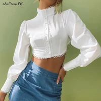 mnealways18 lace women white crop tops single breasted turtleneck short shirts club party sexy blouse female summer streetwear