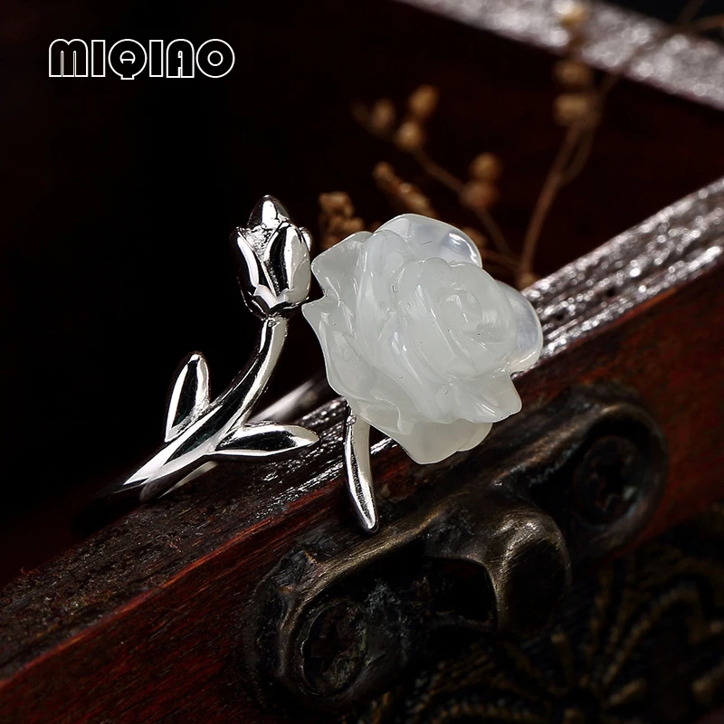 Женское кольцо MIQIAO нефритовое с розой винтажное регулируемое из серебра 925 пробы