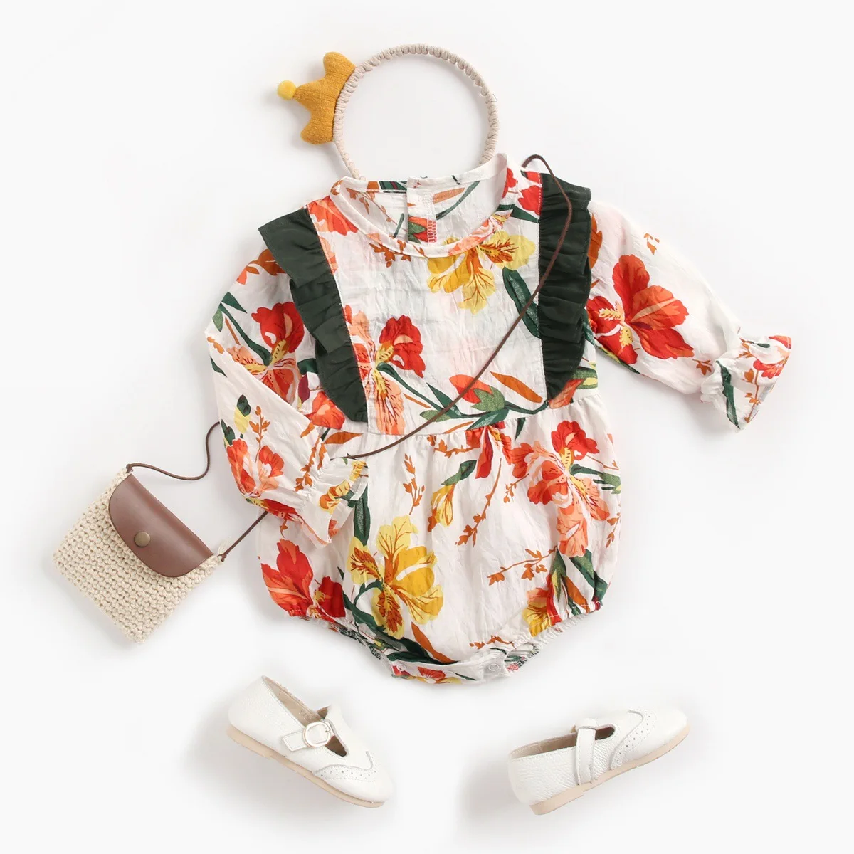 

2021Summer Newborn Infant Baby Girls Romper Ruffles Sleeve Floral Print Romper Playsuits with Outfits
