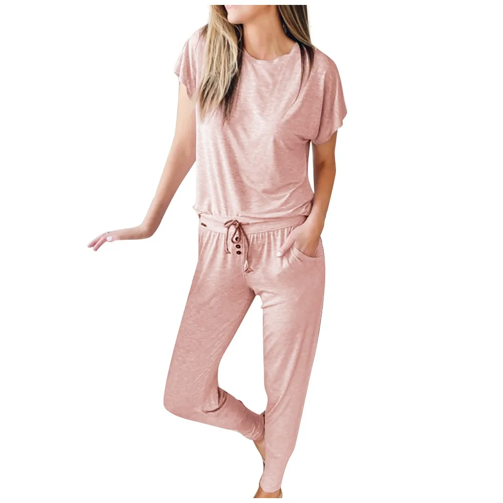 Женский комплект свободная однотонная длинная Пижама с круглым вырезом и