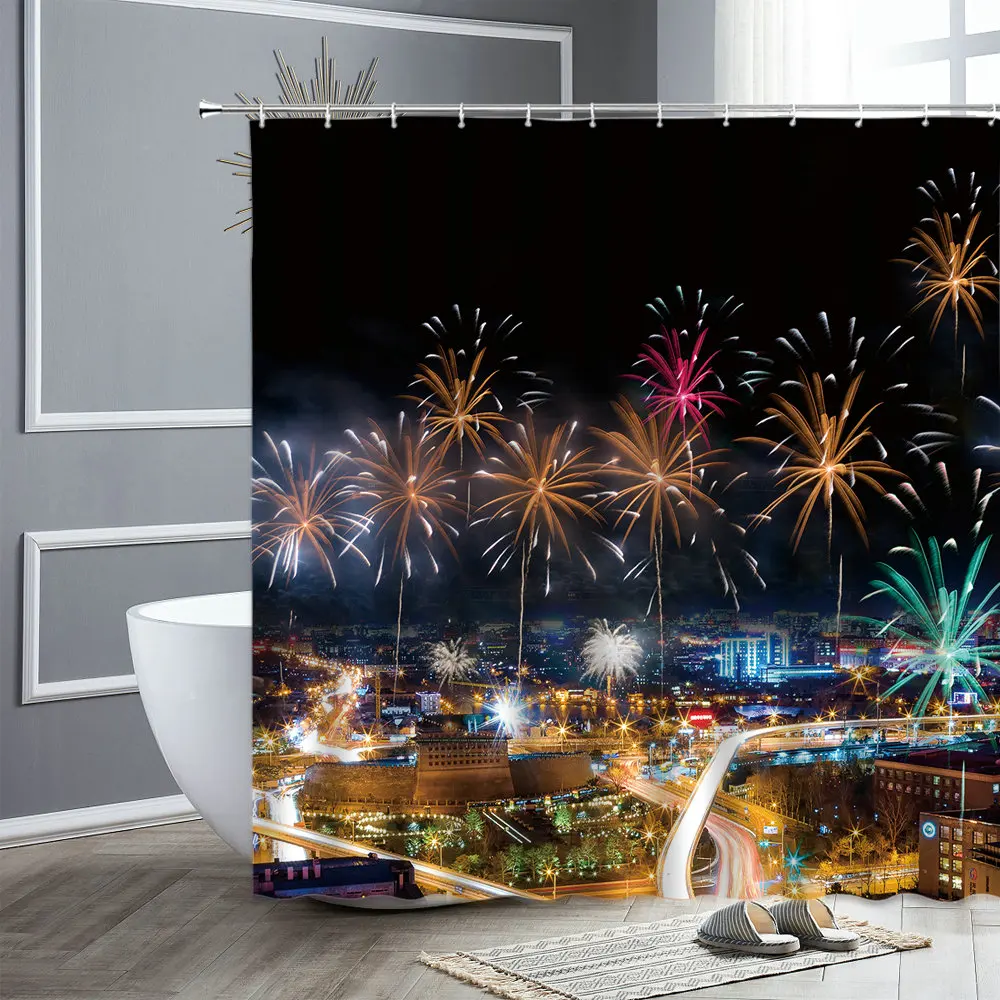 

Building Shower Curtain Fireworks Boat Coastal City Night Landscape Waterproof Bathroom Curtains Set Home Bathtub Decor Screen