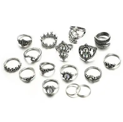 16pcs/Set Bohemia Heart Flower Rings for Women Rhinestone Carved Knuckle Midi Antique Silver Jewelry кольцо | Украшения и