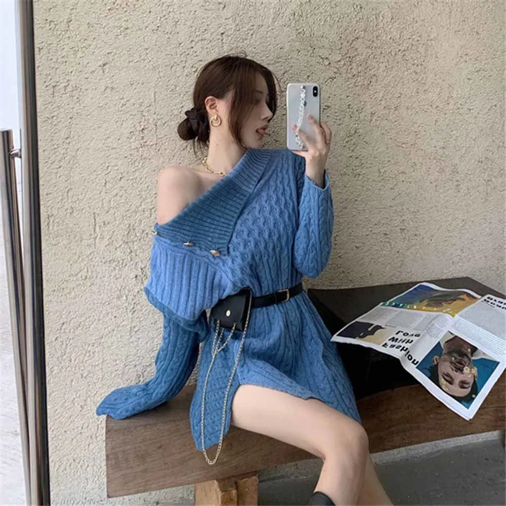 

Autumn Sweaters Off-Shoulder Long-Sleeved Linen Flower Color Stitching Sweater Loose Split Midi Pullovers Tops Women with bag