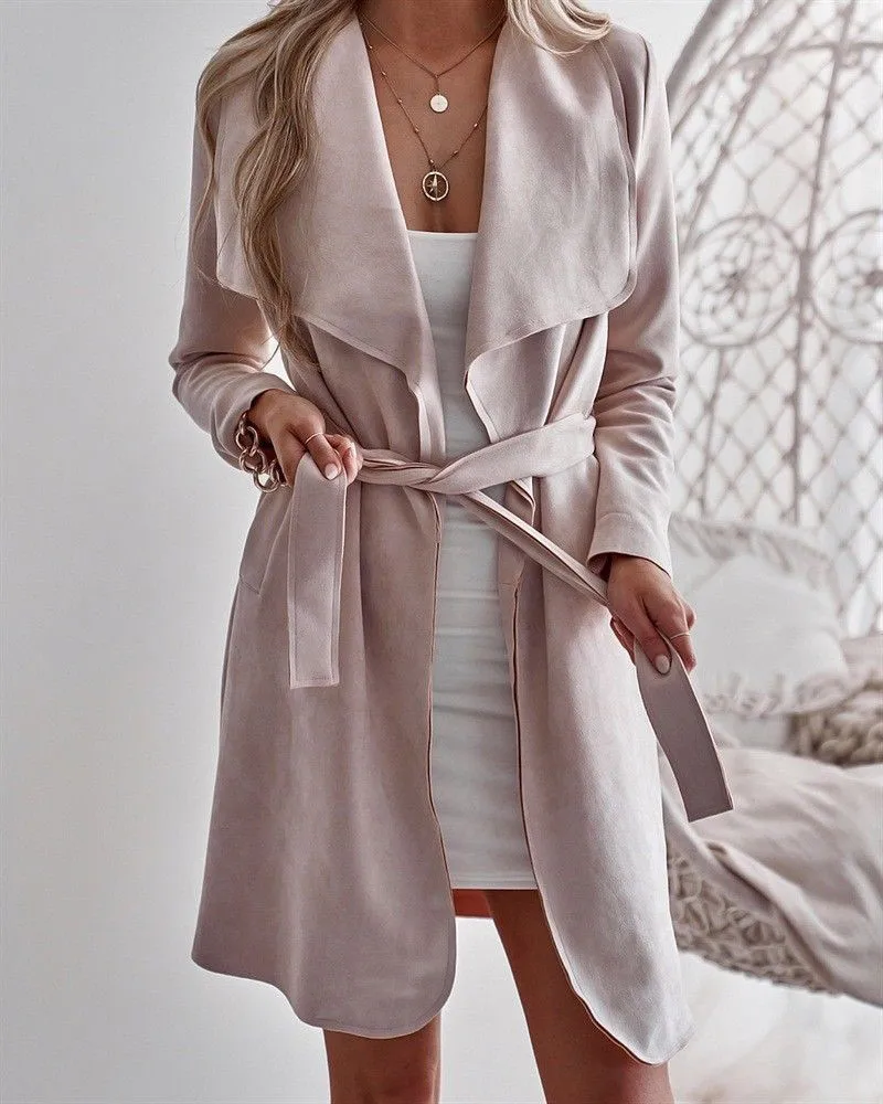 Кашемировое шерстяное Женское пальто зимнее тонкое элегантное розовое с поясом