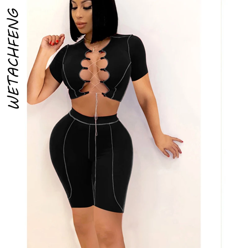 

Sexy Two Piece Sets Black Hollow Out Belt Biker Shorts And Top Tracksuits Summer Women Fitness Outfits Plus Size Sportswear Suit
