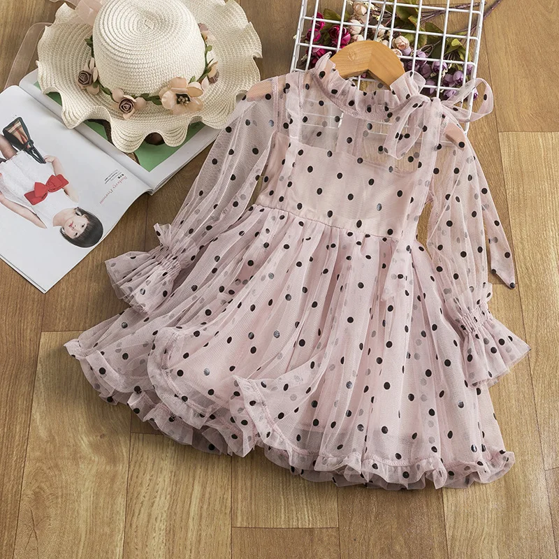 

2021 Summer Children Korean Girls Ruffled Collar Polka Dot Bow Princess Dress Girl Long Sleeve Tulle Skirt