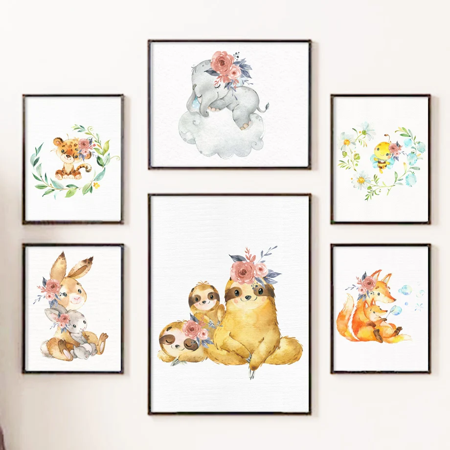

Sloth Rabbit Fox Elephant Baby Wall Art Canvas Painting Nordic Posters And Prints Cartoon Wall Pictures Girl Boy Kids Room Decor