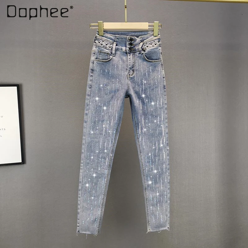 

2021 Spring New High Waist Slimming European Blue Rhinestone Jeans for Women Fashionable Skinny Pencil Pants