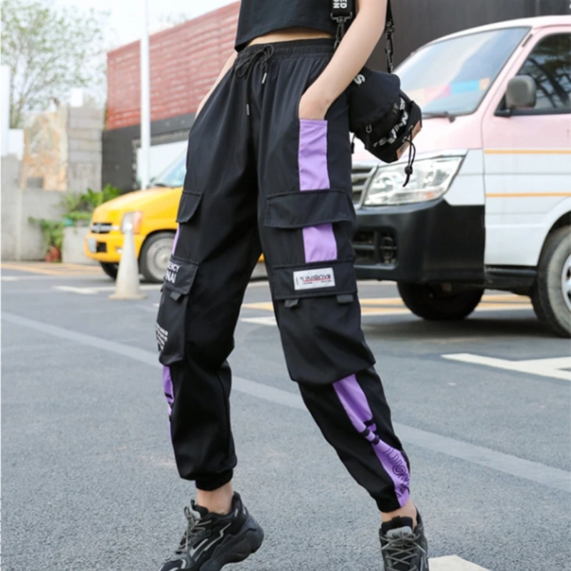 

Cargo Women's Pants Buckle Ribbon Pocket Jogger Elastic Waist High Streetwear Harajuku Pant Punk Ring Chain Females Trousers