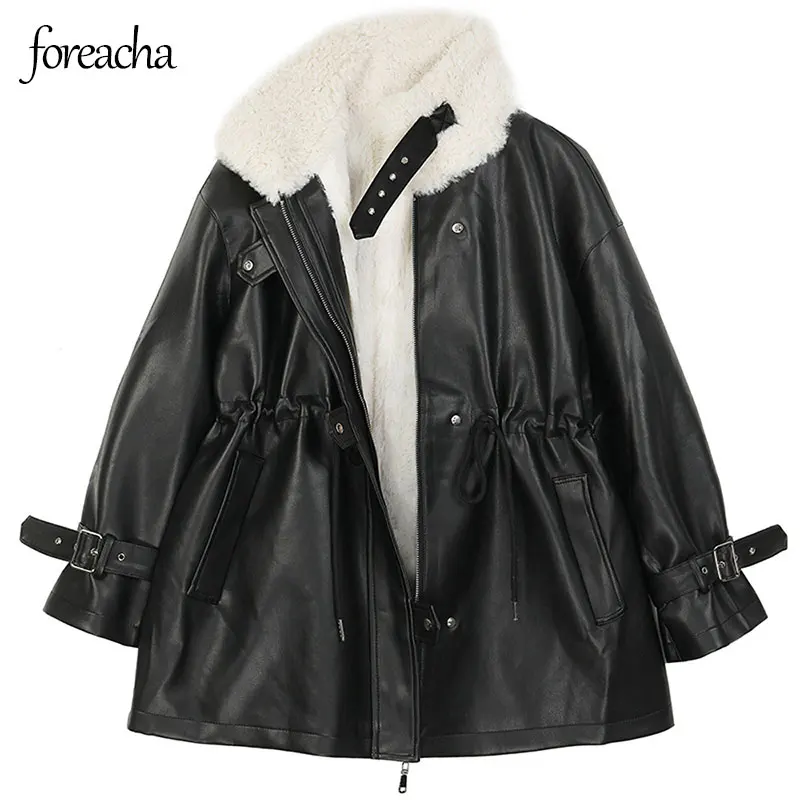 

Куртка foreacha женская из искусственной кожи, свободная Байкерская верхняя одежда на молнии с лацканами, из искусственной овечьей шерсти, Коре...