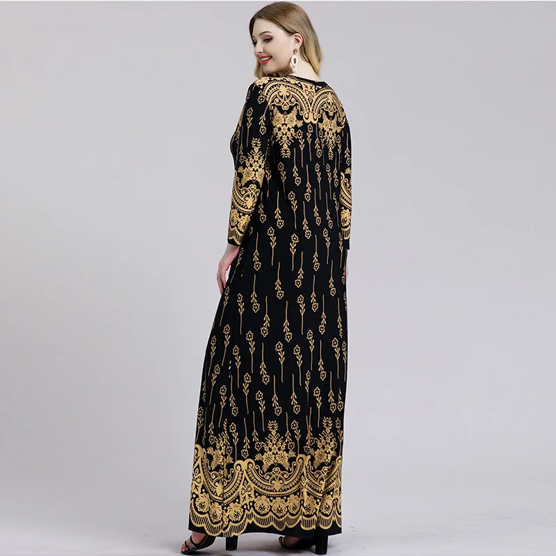

2021Abaya Middle East Dubai Saudi Arabia Plus Size Dress Summe Style Long-sleeved Arabian Print Skirt Muslim Fashion Ladies Robe