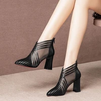 summer fashion solid mesh high heels pointed toe cross lines decoration ankle lady boots grace women ventilate boots redblack