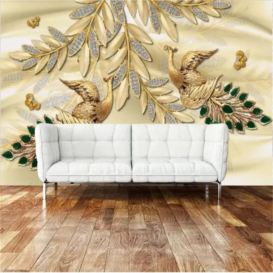 

Custom 3D Photo Wallpaper Mural Room Sofa TV Backdrop Mural Living Room Golden jewellery peacock pattern 3D Picture Wallpaper