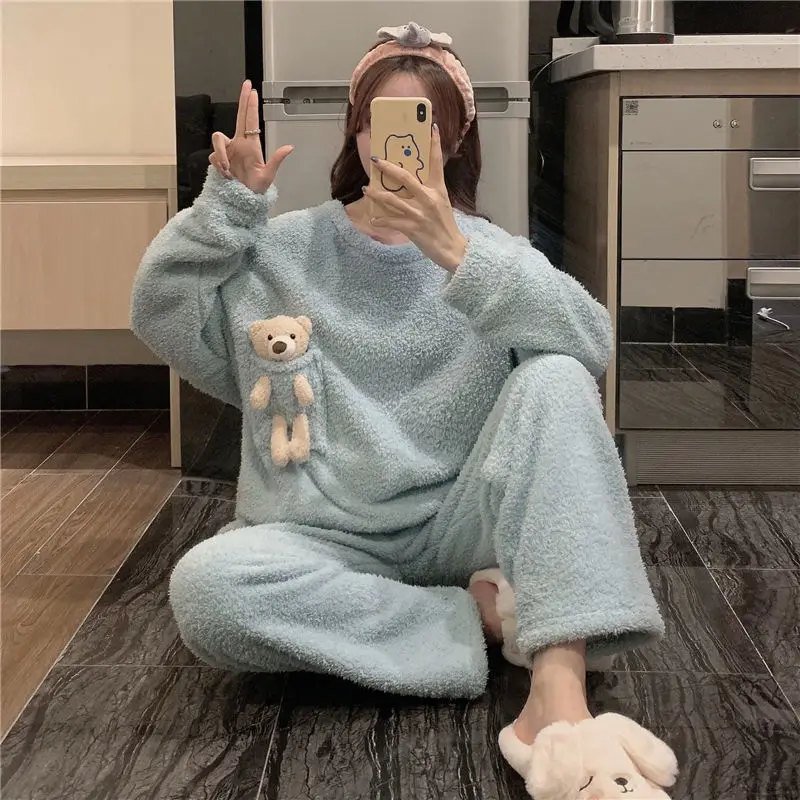 QWEEK Women Pajamas Solid Color Pocket with Bear Pijamas Warm Flannel Pyjamas Winter Home Clothes Kawaii Panda Embroidery Autumn