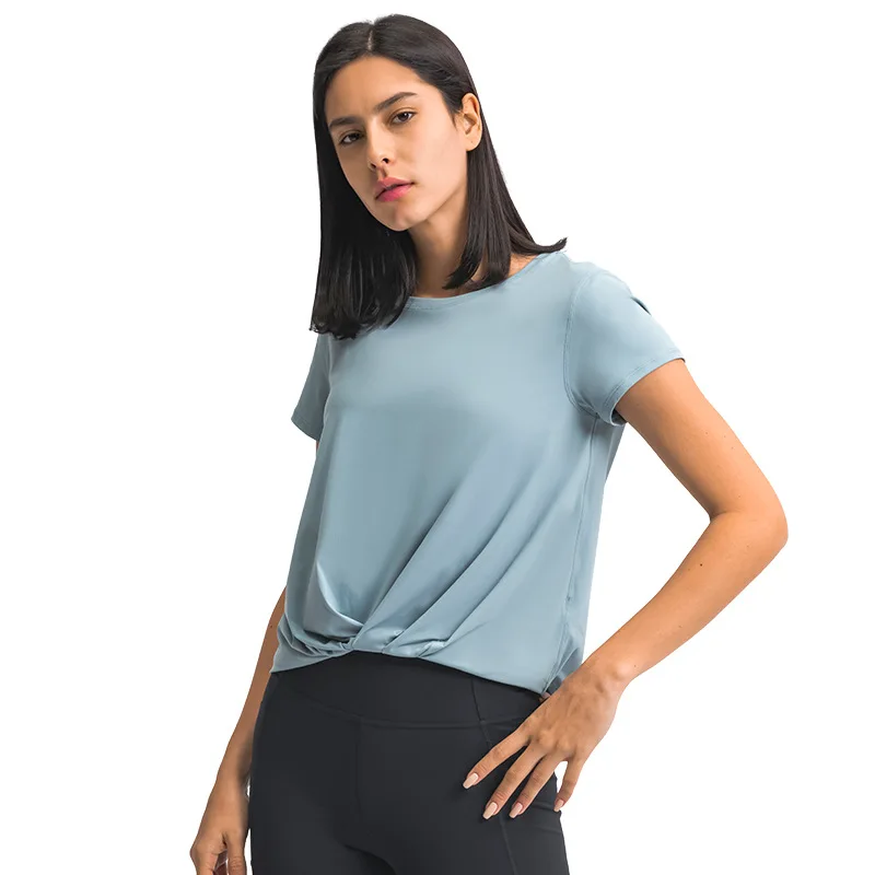 

New fashion all-match front hem pleated sports T shirt loose fitness beauty body moisture absorption and sweat removal yoga wear