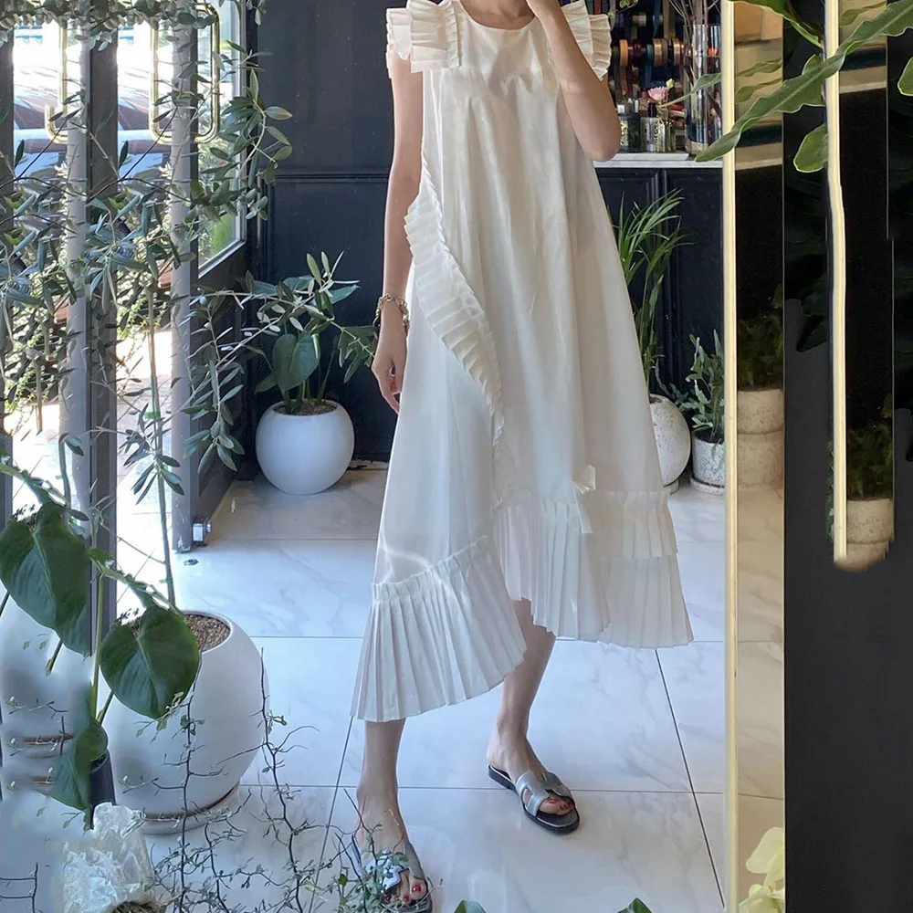 Корейский шик темперамент дизайн давление плиссированные шить круглый вырез