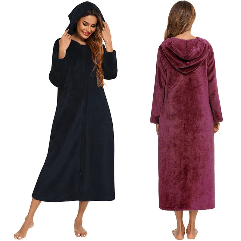 

Женские фланелевые халаты, зимняя теплая Пижама с карманами, удобная одежда для сна, ночная рубашка, Длинная женская домашняя одежда с капюш...