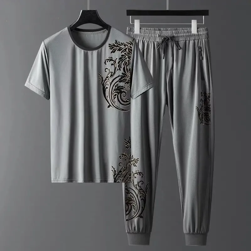 

New Hot Diamond Printing Short-sleeved T-shirt Suit Casual Sports Men's Printing Summer Trend Handsome with Two-piece Suit