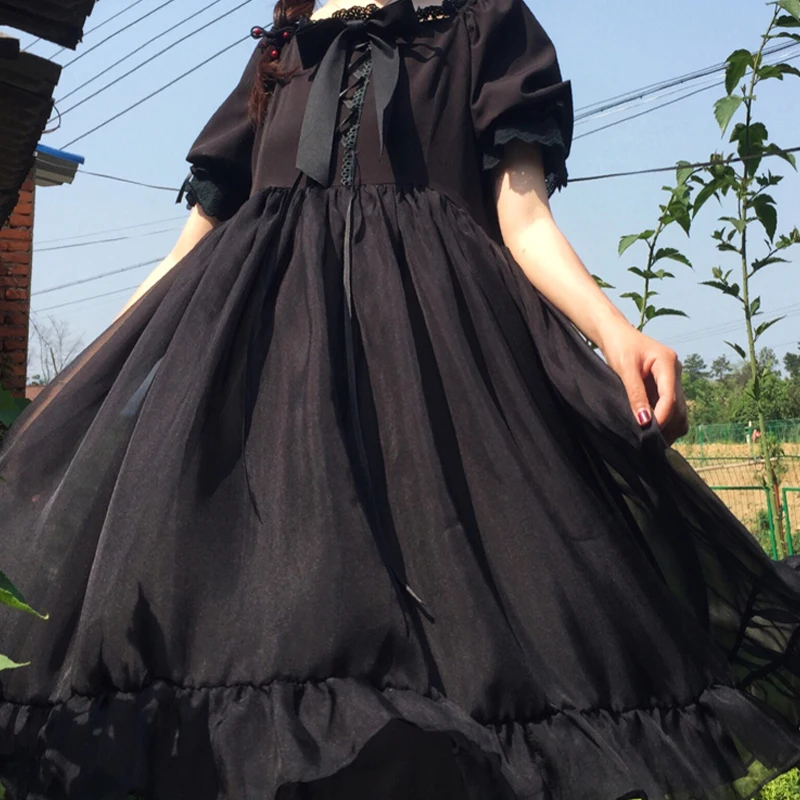 Кавайное готическое платье лолиты с высокой талией и бантом на шее женское