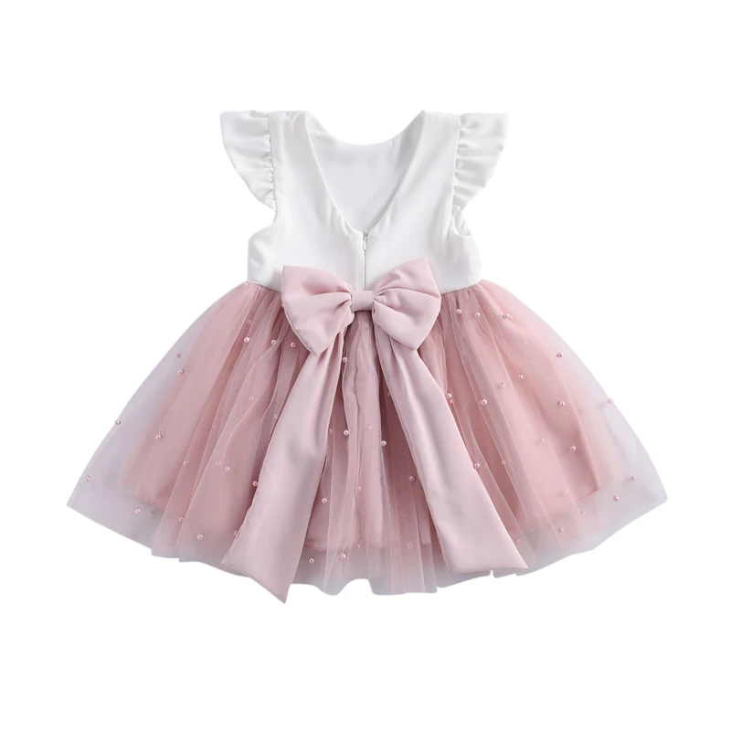 

FOCUSNORM 0-8Y Princess Infant Baby Girls Dress Ruffles Sleeve Solid Pearl Lace Patchwork Back Bowknot Tutu Dress