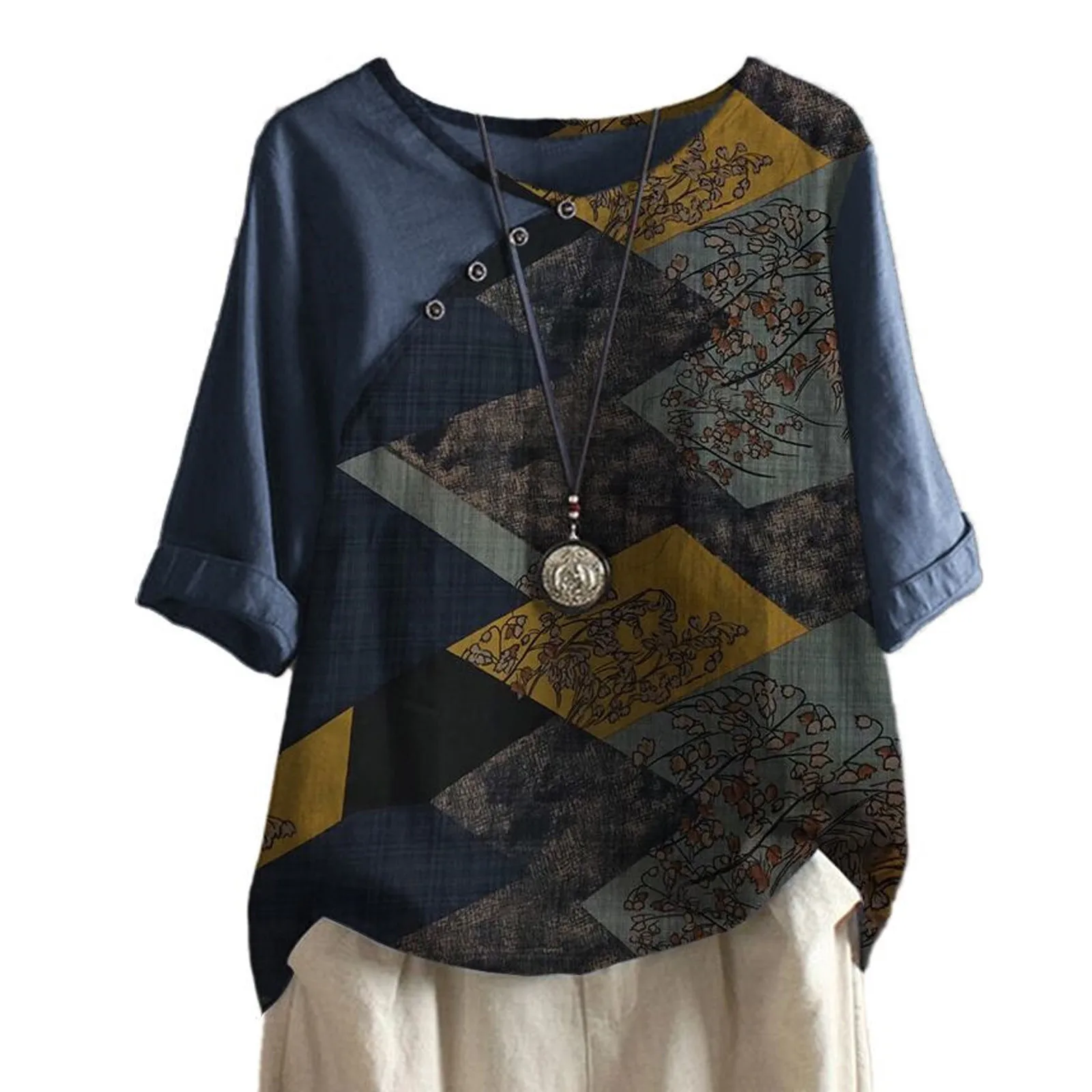 

Women Blouses Ladies Summer Fashion Autumn Tops Plus Size Buttons Flower 3/4 Sleeve Linen Blouses Female Camisetas Mujer 2021