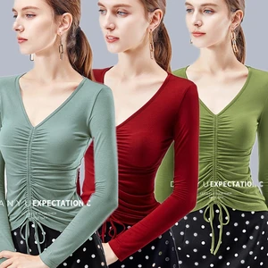 Женские волнующие туфли для латиноамериканских танцев, v-образный вырез женская Танцевальная топы с длинными рукавами Черный латинский танец Практика одежда Стандартный бальных танцев Одежда для латино-американских танцев топы