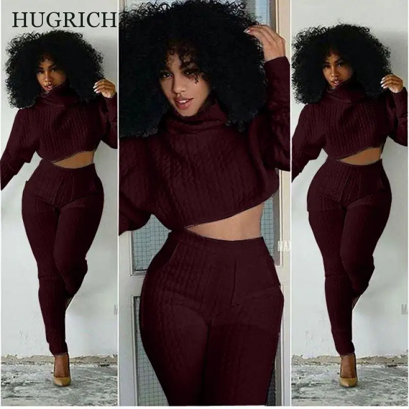 Tracksuits 2 Piece Sets Autumn Women Bandage Suit Long Sleeve Turtleneck Short Top+High Waist Casual Pants Comfortable |