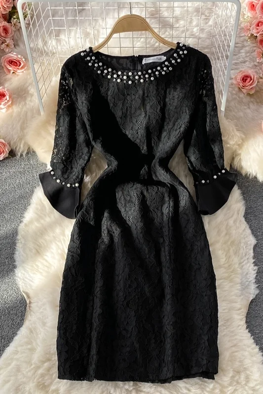 

Women Light Luxury Bead Neck Lace Dress Fashion Ladies Trumpet Sleeve Dress Gentle Celebrity A-line Dresses