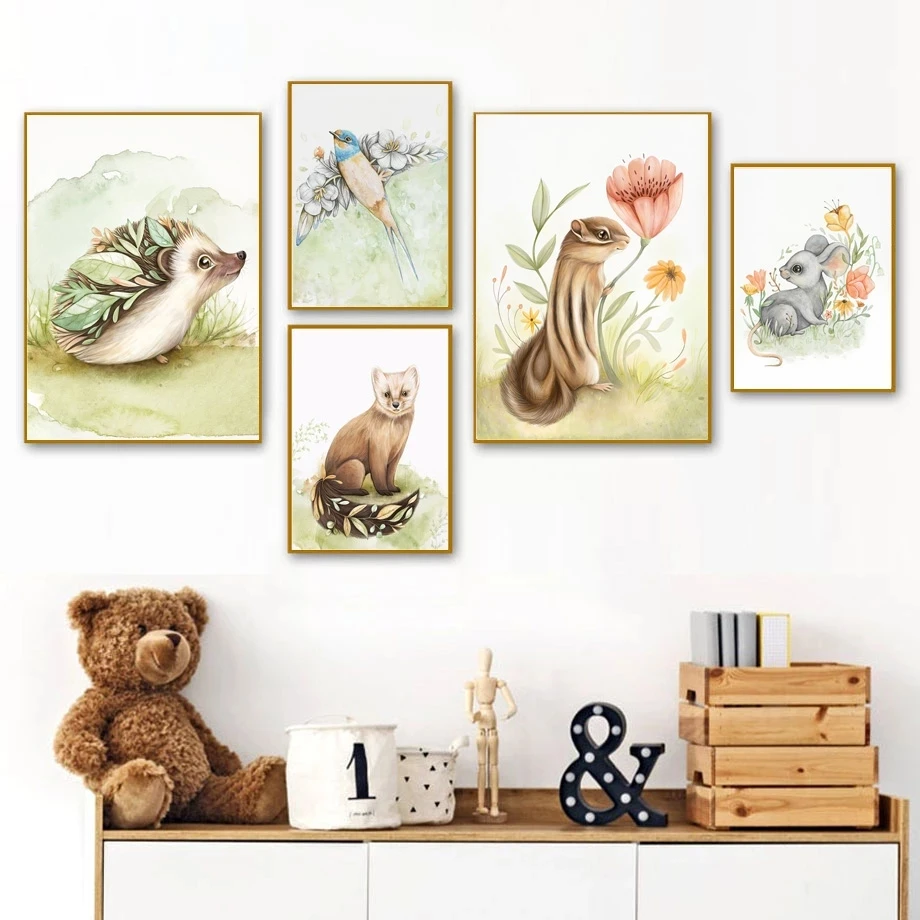 

Watercolor Cartoon Animal Fox Squirrel Kid Wall Art Canvas Painting Posters And Prints Living Room Decor Nordic Style Decoration