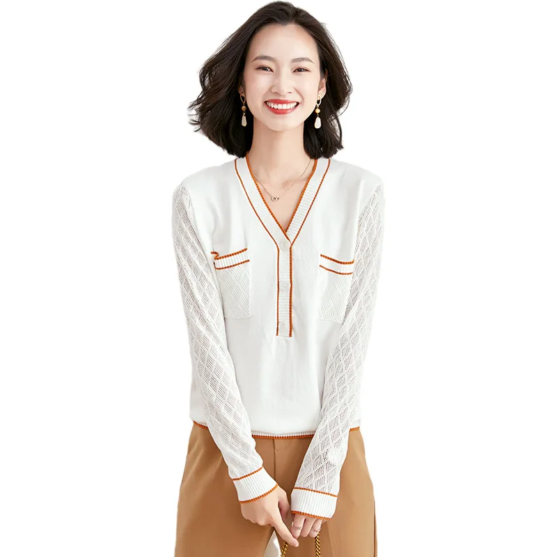 

2020 Autumn Spring Elegant Women Sweater Pullover Lazy Style Hollow Out Fashion V Neck Casual Long Sleeve Female Kintted