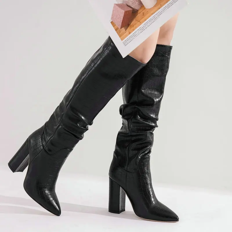 

Хорошие модные сапоги до колена, женские плиссированные высокие сапоги на высоком каблуке, женская обувь с острым носком для осени и зимы