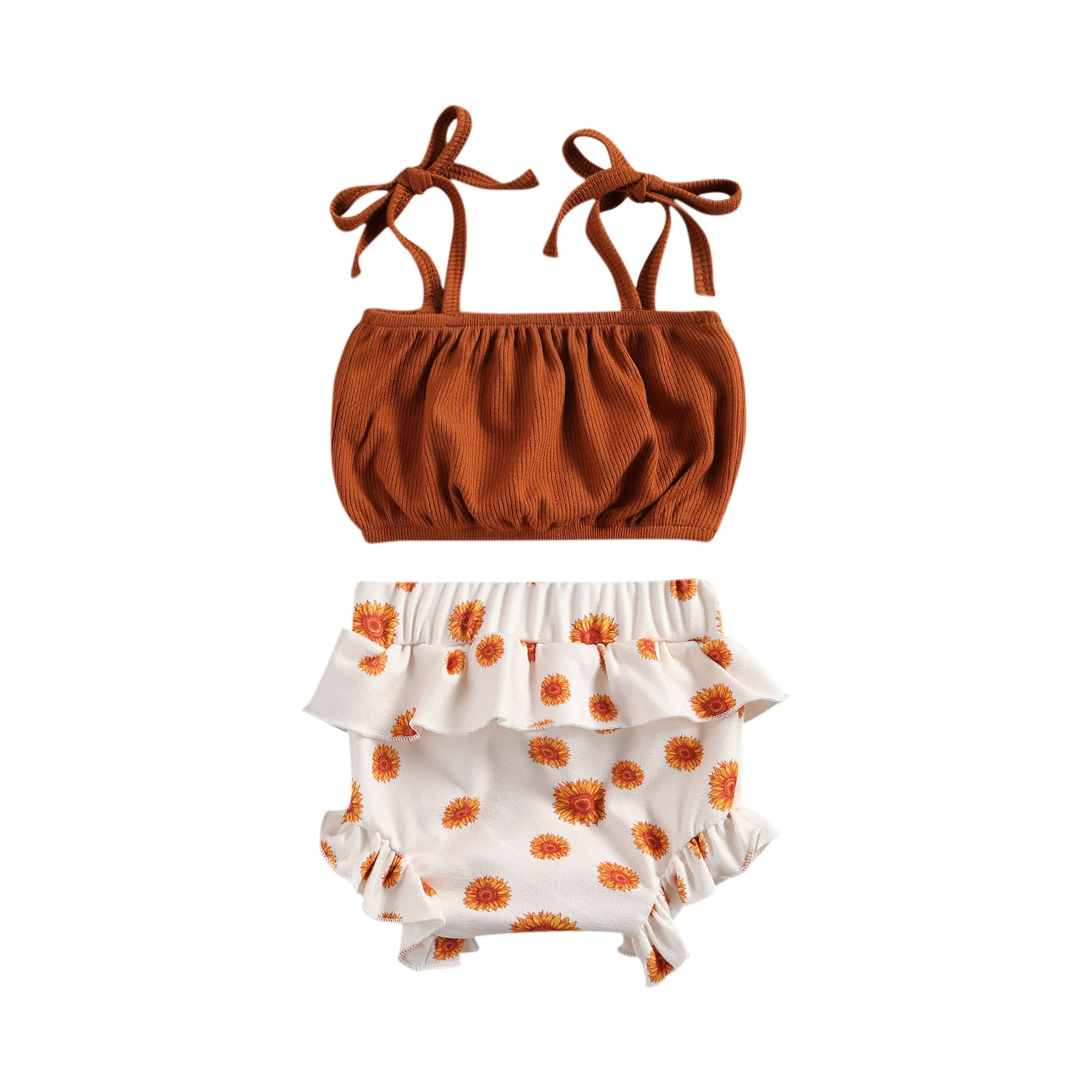 

2021 New Style Newborn Baby Girls 2-piece Outfit Set Sleeveless Solid Color Tops+Sunflower Print Shorts Set Outfits Clothing