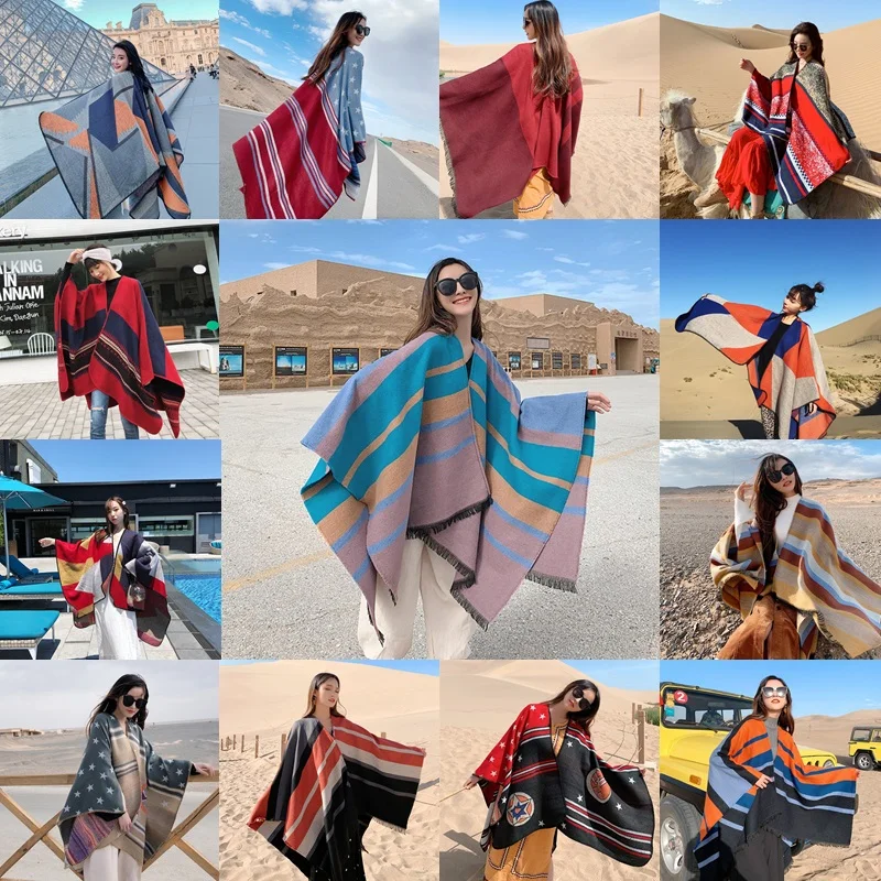 

20 Styles Autumn Winter Shawl 130*150cm Oversize Out Wear Scarf Imitation Cashmere Women Cloak Female Long Warm Pashmina Cape