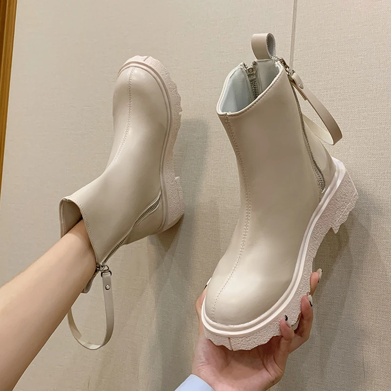 

Platform Fashion Warm Goth Ankle Motorcycle Boots 2021 Winter New Designer Mid Heels Snow Boots Zipper Casual Women Shoes Mujer