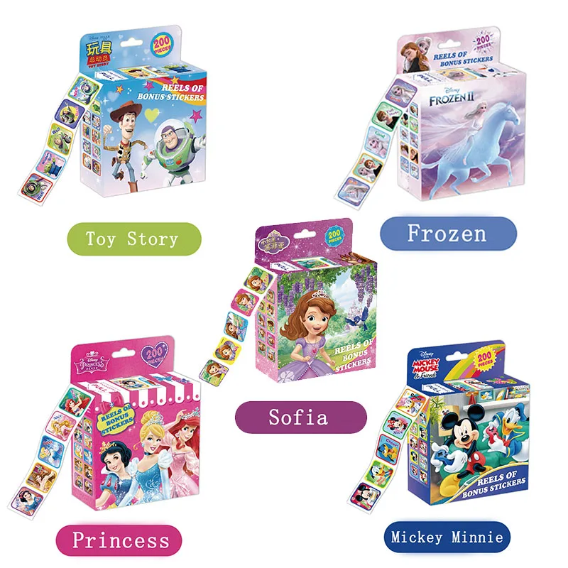 

2021 new cartoon sticker 200 pcs/box Disney cartoon removable frozen princess Mickey Sofia sticker teacher reward toy gift
