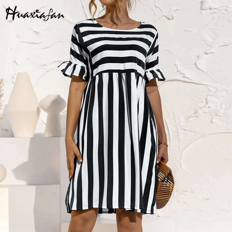 

Huaxiafan Casual Mini Dresses Women Striped Print Plus Size Blue Pink Summer Beach Vacation Boho Party Short Dress Female 2021