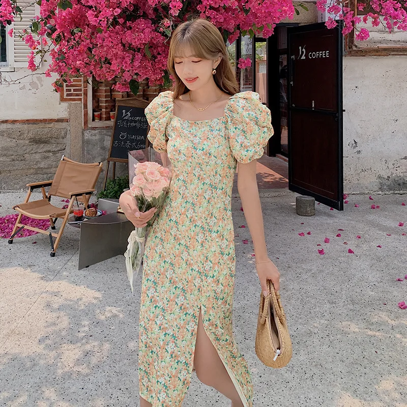 

2021 Summer New French Style Elegant Square Neck Care Machine Split Hem Bubble Sleeve Dress