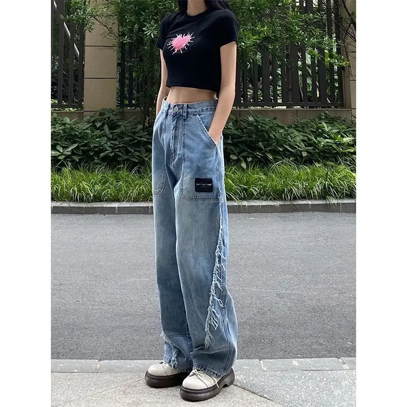 

Retro Design Blue Ladies Jeans Y2k Straight and Thin Loose High Waist Wide Leg Mopping High Street Pants 2021 Women Jeans