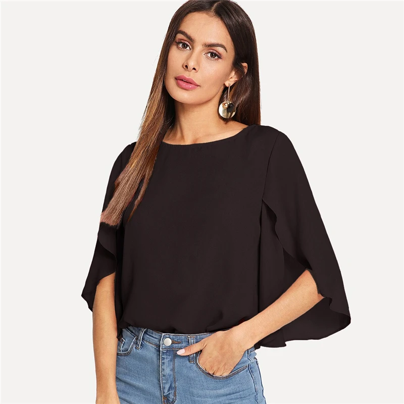 SHEIN Нарядная Одноцветная Блузка С Оригинальным Рукавом Элегантная Осенняя Блузка Для Офиса Современные Женские Топы
