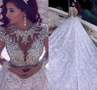 2020 luxury beading long sleeve muslim wedding dresses with long train sequined lace arabic bridal gown turke robe de mariage