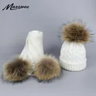 Зимний набор шапки и шарфа для девочек и мальчиков, детские вязаные шерстяные шапочки, Женская шаль из натурального меха с помпонами, Детская шаль, 2019