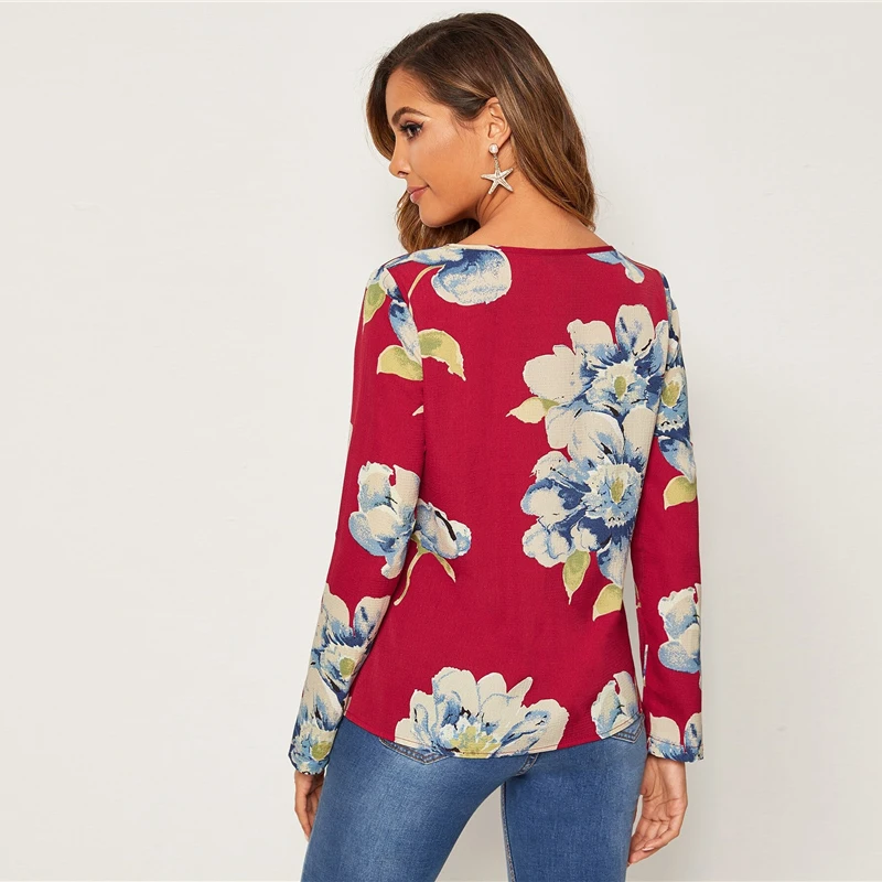 SHEIN, красный рулон, рукав-вкладка, цветочный принт, блузка, женские топы, весна-осень, круглый вырез, с закатанными рукавами, повседневные блузки