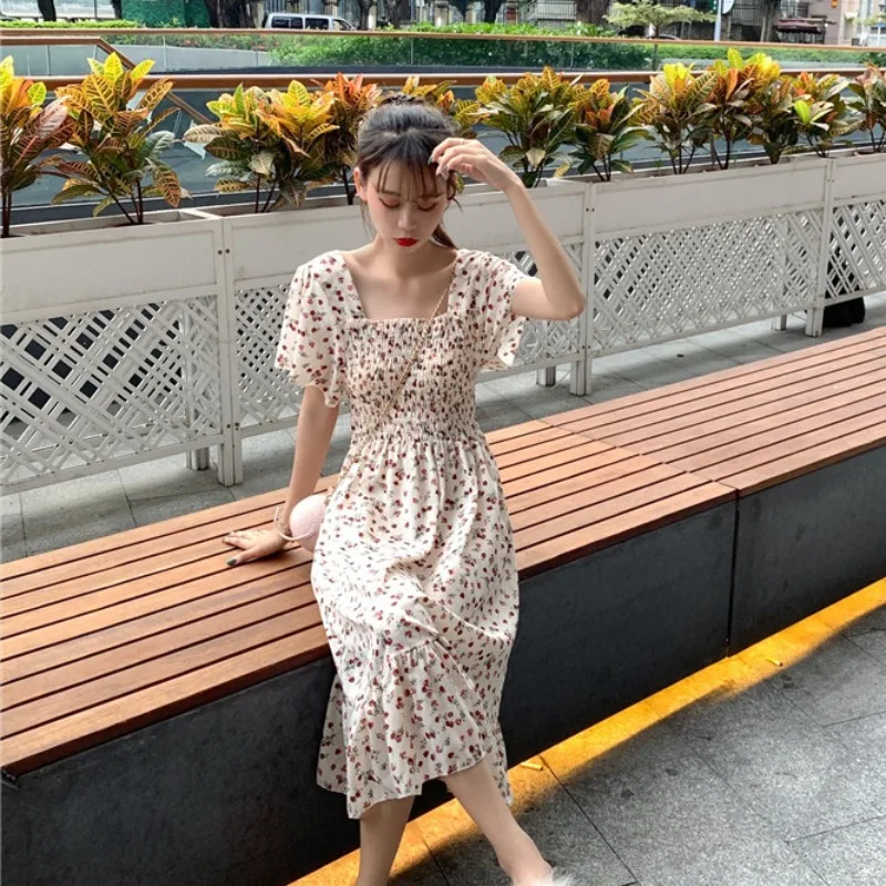 Floral Dress Boho Puff Sleeve Square Neck Women Vintage Summer Beach Dresses 2020 Korean Kawaii Ruffle Clothes Vestidos | Женская одежда